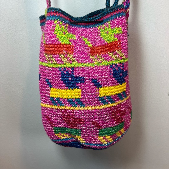 Wayuu Woven Bucket Bag Purse Pink Yellow Wood Bead Animal Print Cinch Close Boho - Picture 12 of 13